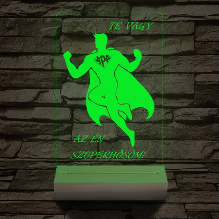 Apa a szuperhős személyre szabott 20 cm fa talppal 7 színű 3D led lámpa