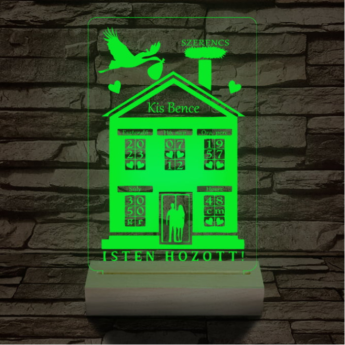 Babaköszöntő személyre szabott 20 cm fa talppal 7 színű 3D led lámpa