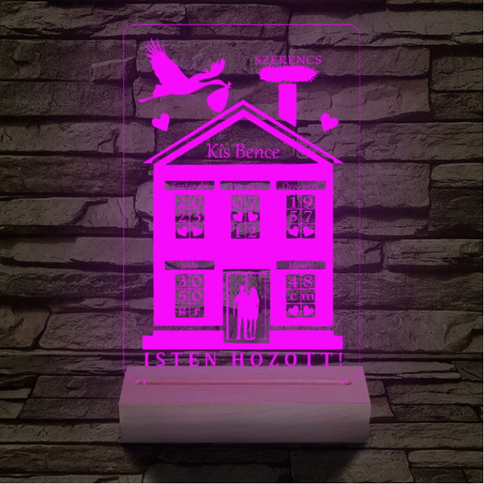 Babaköszöntő személyre szabott 20 cm fa talppal 7 színű 3D led lámpa