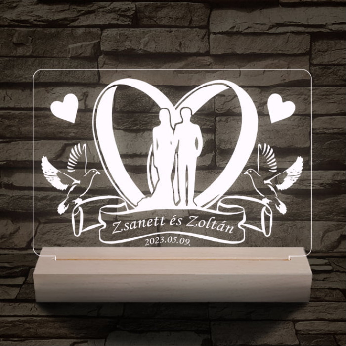 Esküvő személyre szabott fatalppal 7 színű 3D led lámpa