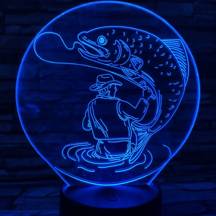 Horgász a kifogott hallal 7 színű 3D led lámpa