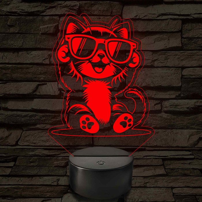 Cool Macska napszemüvegben – 7 színű, színváltós 3D LED lámpa