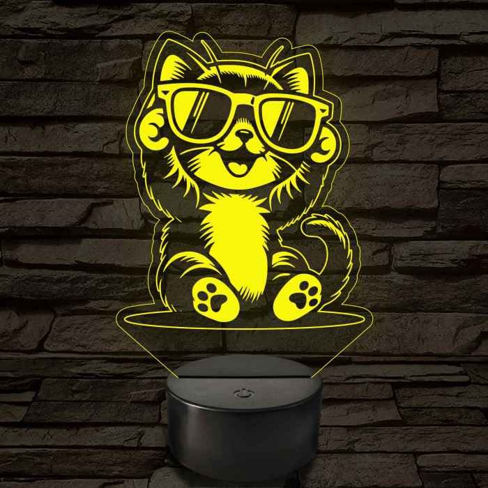 Cool Macska napszemüvegben – 7 színű, színváltós 3D LED lámpa