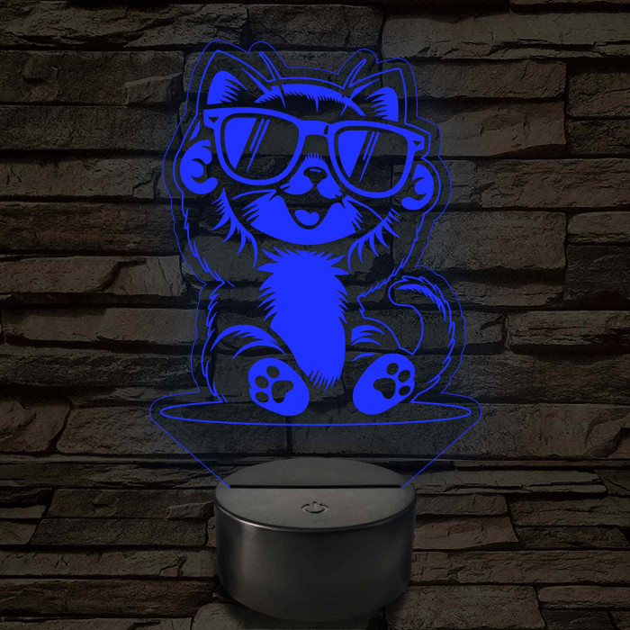 Cool Macska napszemüvegben – 7 színű, színváltós 3D LED lámpa