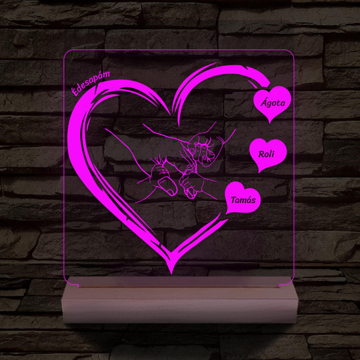 Apák napjára ujj-fogós szívben személyre szabott fa talppal 7 színű 3D led lámpa