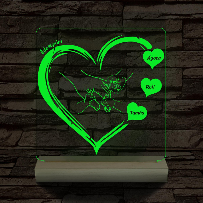 Apák napjára ujj-fogós szívben személyre szabott fa talppal 7 színű 3D led lámpa