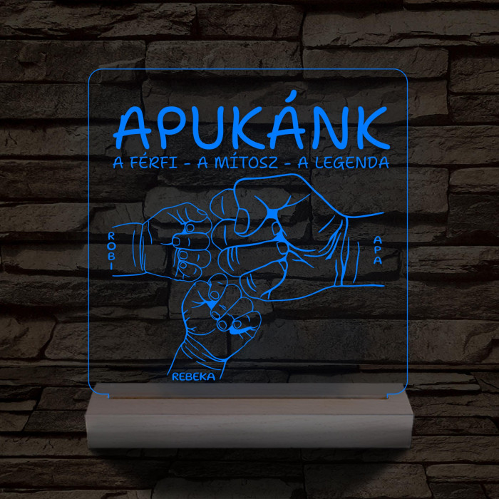 Apák napjára ökölpacsis személyre szabott fa talppal 7 színű 3D led lámpa