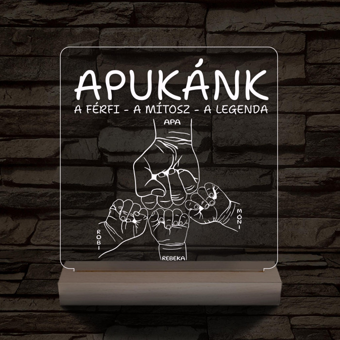 Apák napjára ökölpacsis személyre szabott fa talppal 7 színű 3D led lámpa