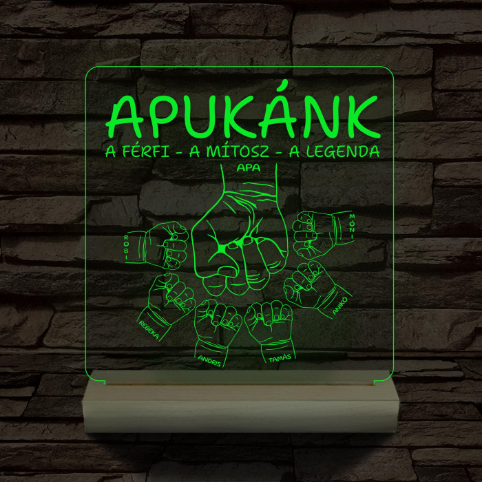 Apák napjára ökölpacsis személyre szabott fa talppal 7 színű 3D led lámpa