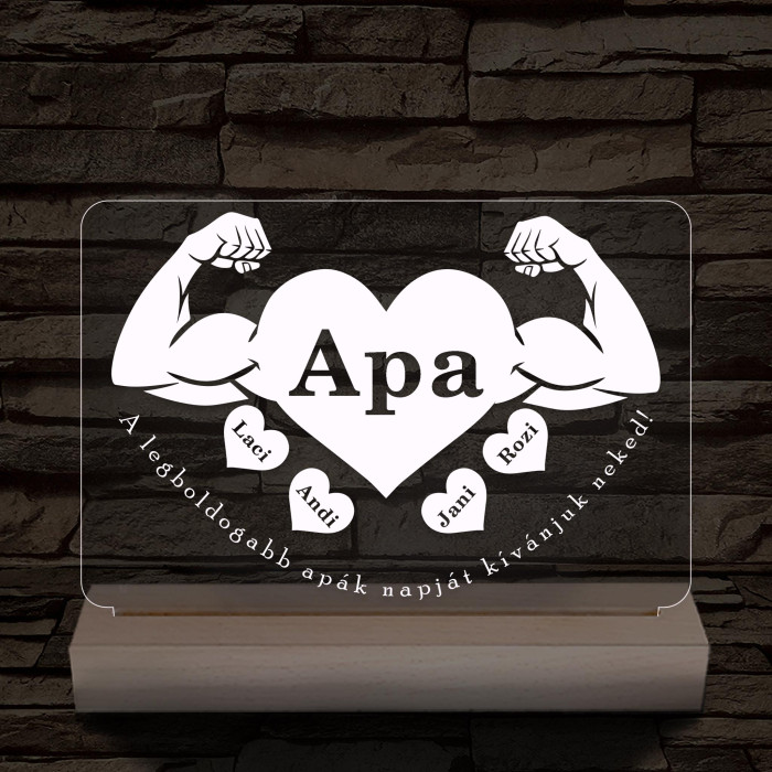 Apa szíverő személyre szabott fa talppal 7 színű 3D led lámpa