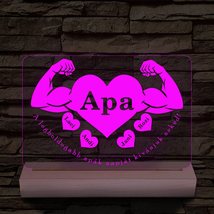 Apa szíverő személyre szabott fa talppal 7 színű 3D led lámpa
