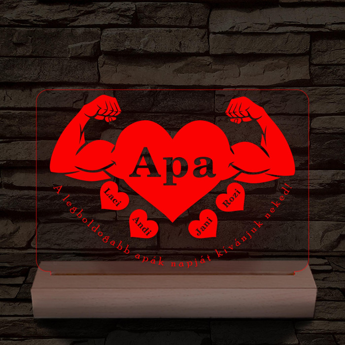 Apa szíverő személyre szabott fa talppal 7 színű 3D led lámpa