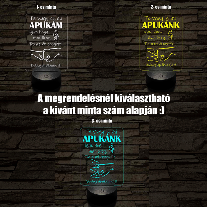 Apák napi humoros feliratú ökölpacsis MINTAVÁLASZTÓS 7 színű 3D led lámpa