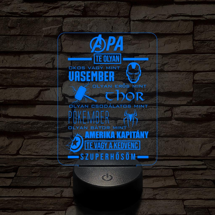 Apák napi kedves szuperhősős 7 színű 3D led lámpa