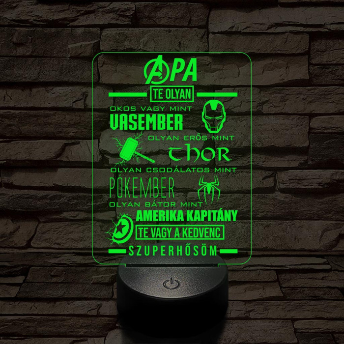Apák napi kedves szuperhősős 7 színű 3D led lámpa
