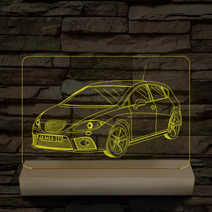 Seat Leon Cupra 1P egyedi rendszámmal személyre szabott 20 cm fa talppal 7 színű 3D led lámpa – A sebesség szerelmeseinek