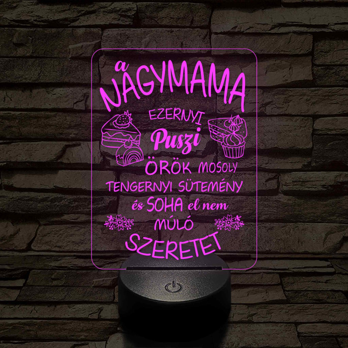 Nagymama – Szeretet, puszi és sütemény - 7 színű, színváltós 3D led lámpa