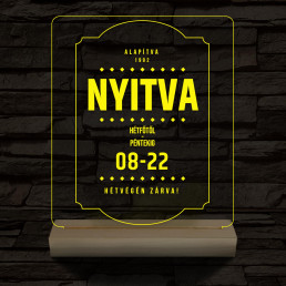 Nyitvatartás tábla 20 cm fa talppal 7 színű 3D led lámpa