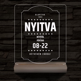 Nyitvatartás tábla 20 cm fa talppal 7 színű 3D led lámpa