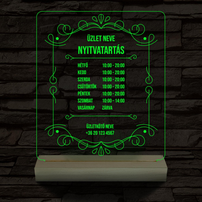 Nyitvatartás számokkal (Üzlet névvel) 20 cm fa talppal 7 színű 3D led lámpa