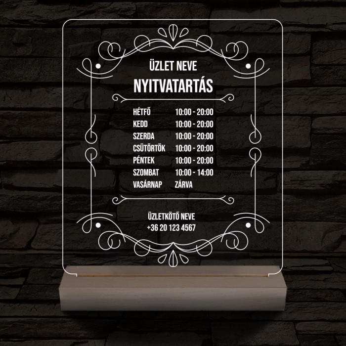 Nyitvatartás számokkal (Üzlet névvel) 20 cm fa talppal 7 színű 3D led lámpa