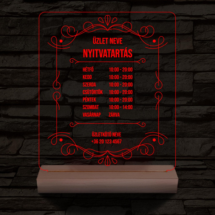 Nyitvatartás számokkal (Üzlet névvel) 20 cm fa talppal 7 színű 3D led lámpa