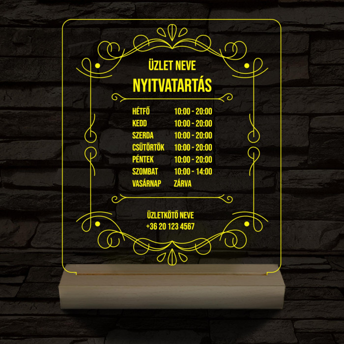 Nyitvatartás számokkal (Üzlet névvel) 20 cm fa talppal 7 színű 3D led lámpa