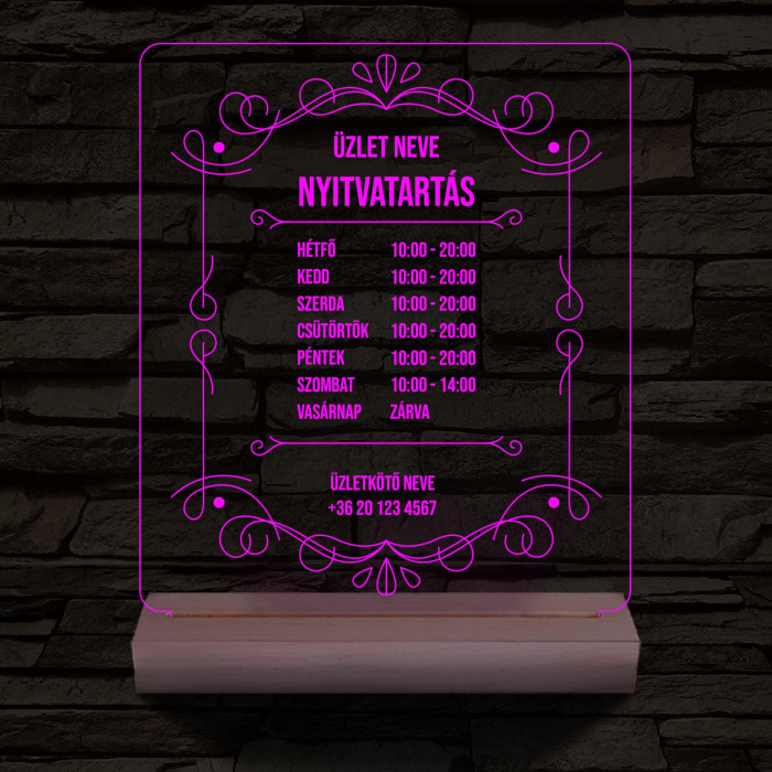 Nyitvatartás számokkal (Üzlet névvel) 20 cm fa talppal 7 színű 3D led lámpa