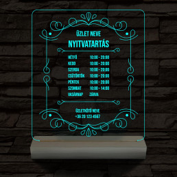 Nyitvatartás számokkal (Üzlet névvel) 20 cm fa talppal 7 színű 3D led lámpa