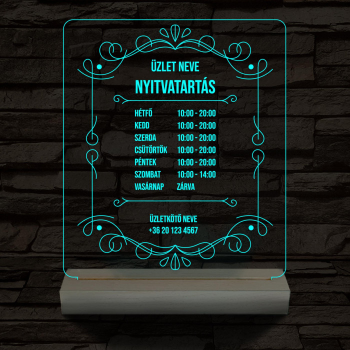 Nyitvatartás számokkal (Üzlet névvel) 20 cm fa talppal 7 színű 3D led lámpa