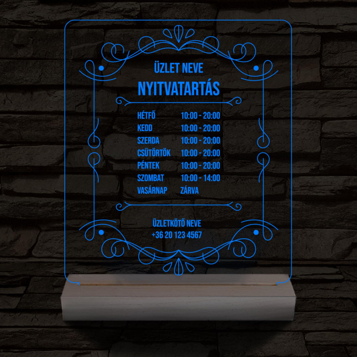 Nyitvatartás számokkal (Üzlet névvel) 20 cm fa talppal 7 színű 3D led lámpa
