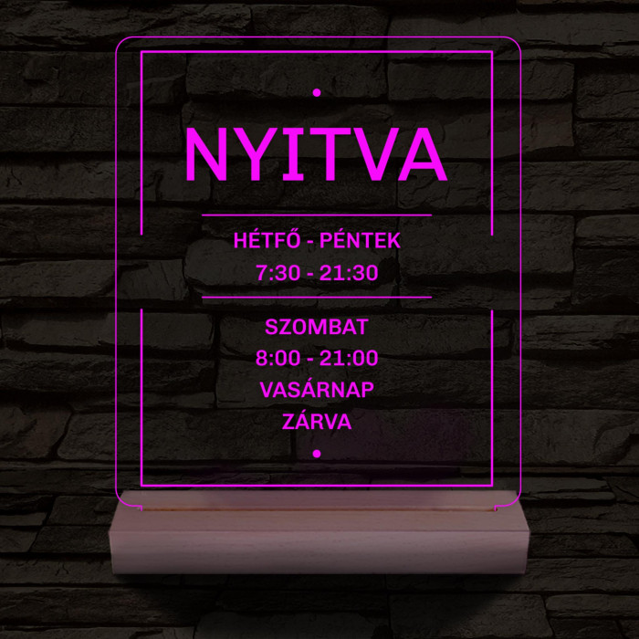 Nyitvatartás számokkal 20 cm fa talppal 7 színű 3D led lámpa