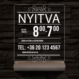 Nyitvatartás telefonszámmal 20 cm fa talppal 7 színű 3D led lámpa