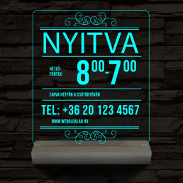 Nyitvatartás telefonszámmal 20 cm fa talppal 7 színű 3D led lámpa