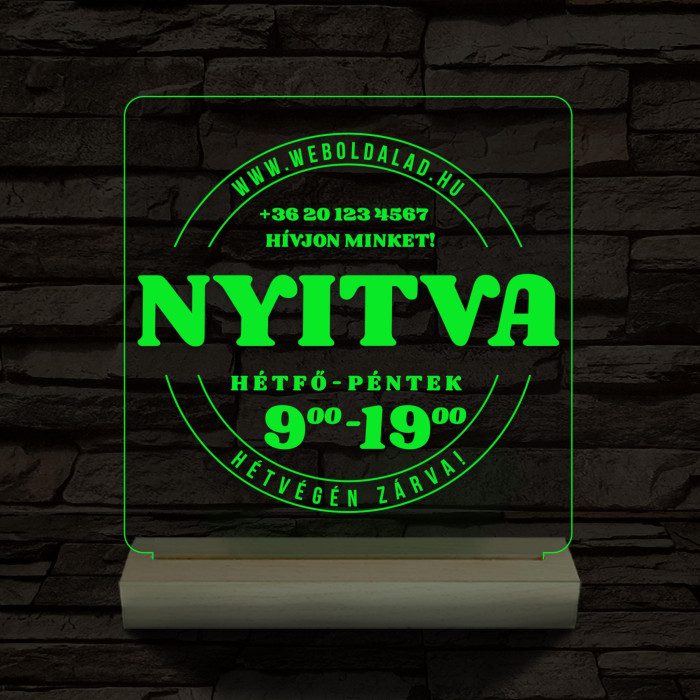 Nyitvatartás számokkal (weboldalcím+telefonszám) 20 cm fa talppal 7 színű 3D led lámpa