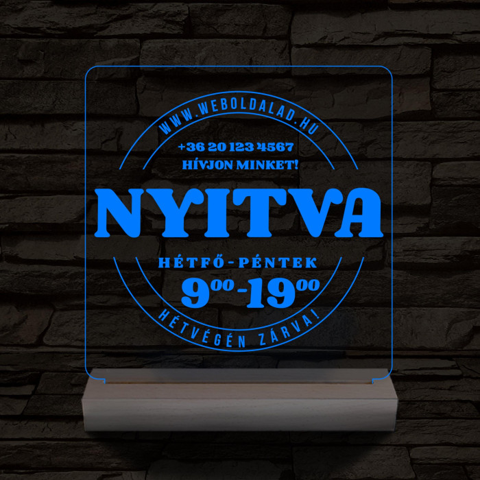Nyitvatartás számokkal (weboldalcím+telefonszám) 20 cm fa talppal 7 színű 3D led lámpa