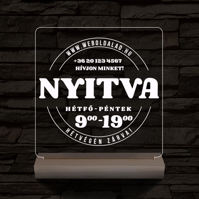 Nyitvatartás számokkal (weboldalcím+telefonszám) 20 cm fa talppal 7 színű 3D led lámpa