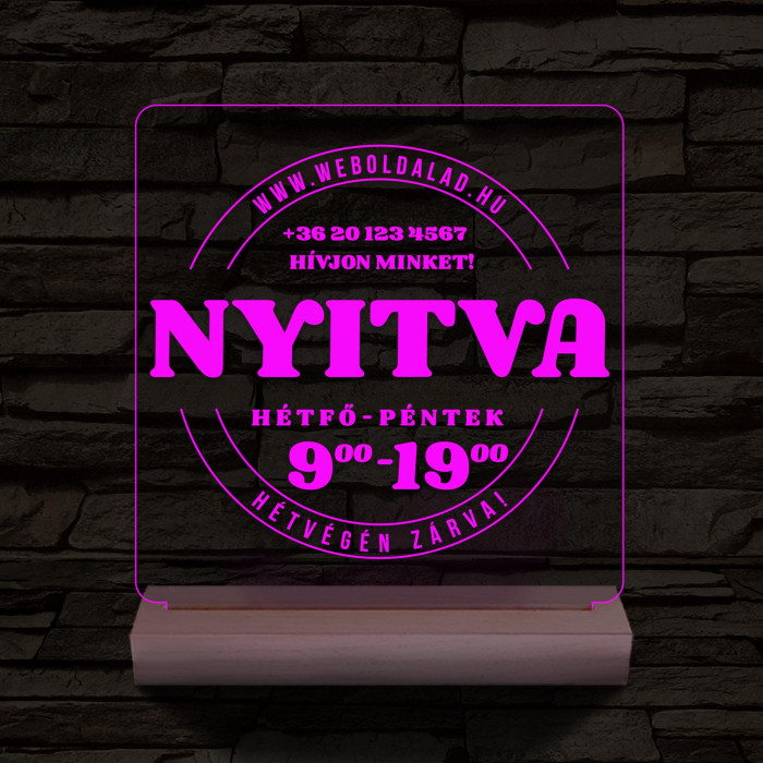 Nyitvatartás számokkal (weboldalcím+telefonszám) 20 cm fa talppal 7 színű 3D led lámpa