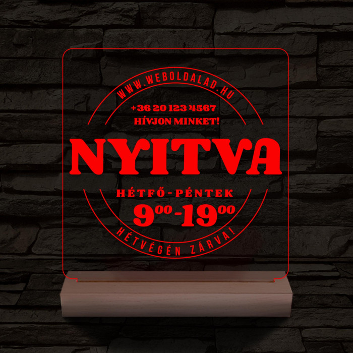 Nyitvatartás számokkal (weboldalcím+telefonszám) 20 cm fa talppal 7 színű 3D led lámpa