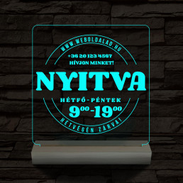Nyitvatartás számokkal (weboldalcím+telefonszám) 20 cm fa talppal 7 színű 3D led lámpa
