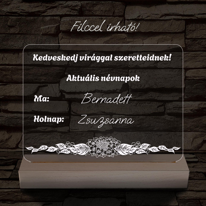 Virágbolt névnap írható tábla 20 cm fa talppal 7 színű 3D led lámpa