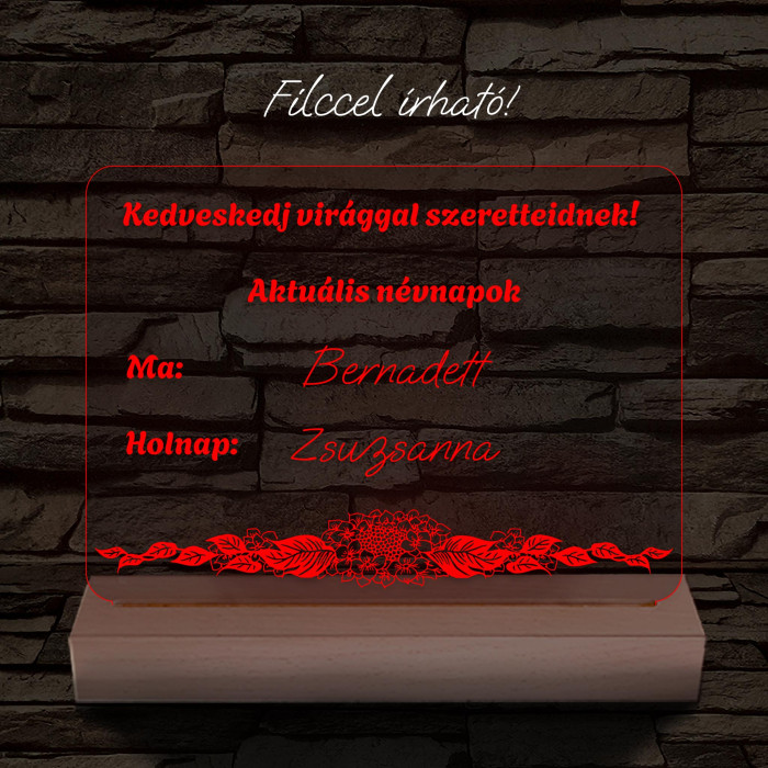 Virágbolt névnap írható tábla 20 cm fa talppal 7 színű 3D led lámpa
