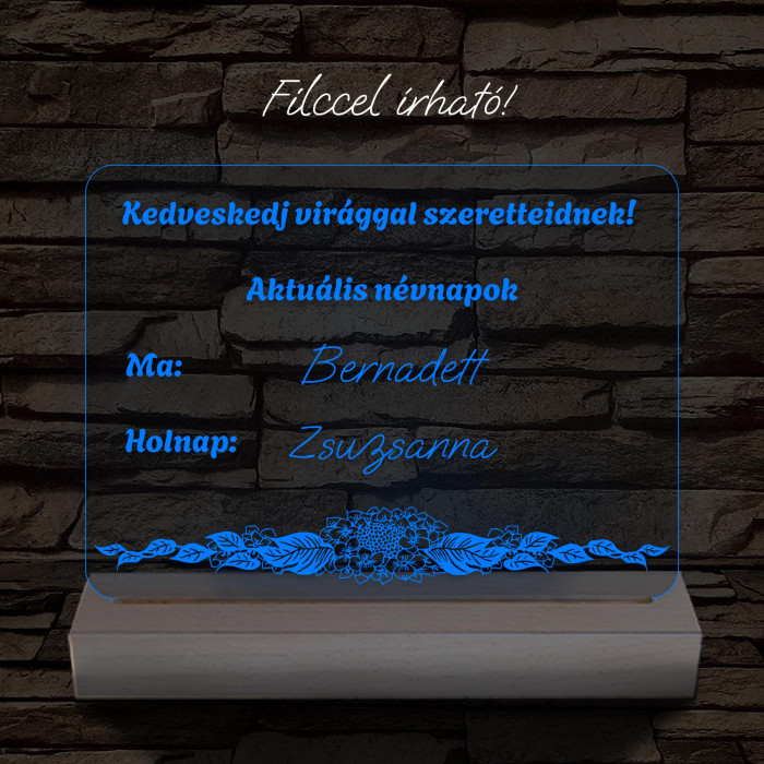 Virágbolt névnap írható tábla 20 cm fa talppal 7 színű 3D led lámpa
