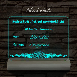 Virágbolt névnap írható tábla 20 cm fa talppal 7 színű 3D led lámpa