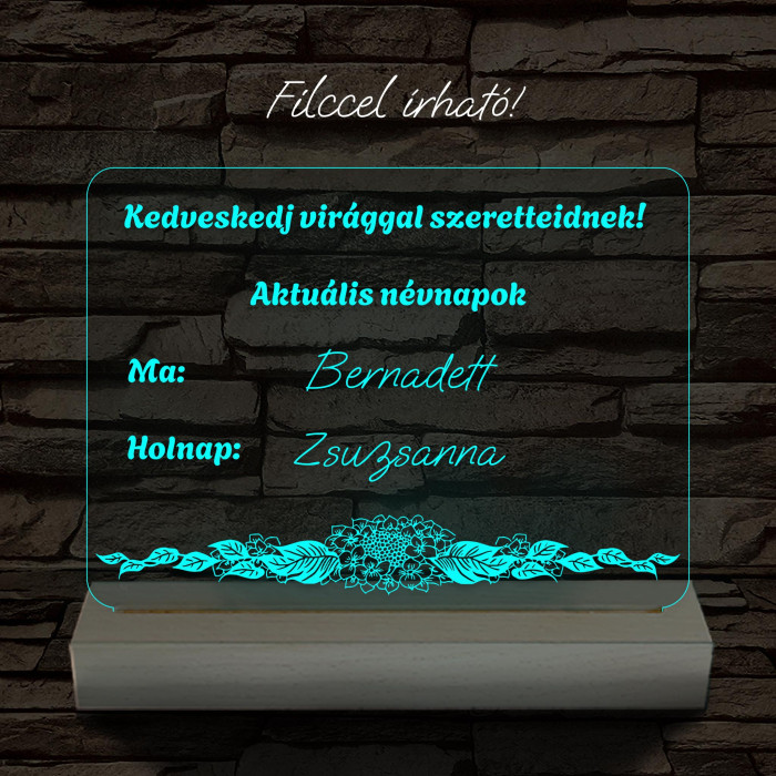 Virágbolt névnap írható tábla 20 cm fa talppal 7 színű 3D led lámpa