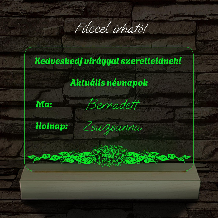 Virágbolt névnap írható tábla 20 cm fa talppal 7 színű 3D led lámpa