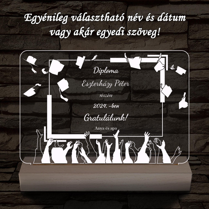 Kalapfeldobós diplomaosztó személyre szabott fa talppal 7 színű 3D led lámpa
