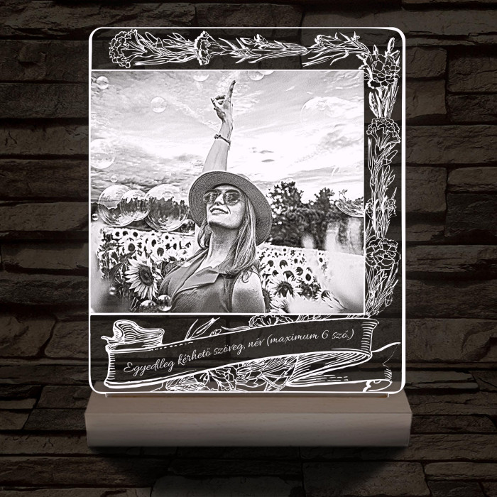 Gravare foto personalizată cu text personalizat, lampa LED 3D cu 7 culori cu suport din lemn