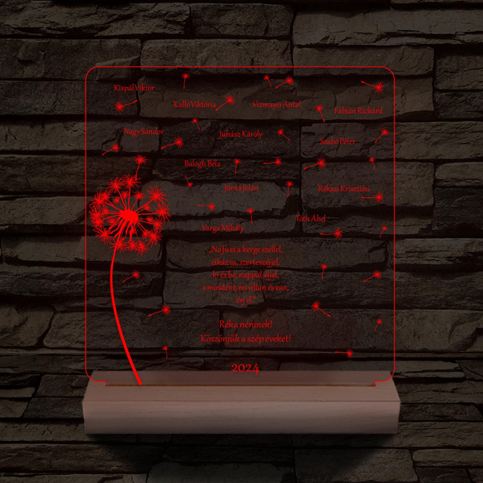 Pitypangos osztálytábla személyre szabott fa talppal 7 színű 3D led lámpa