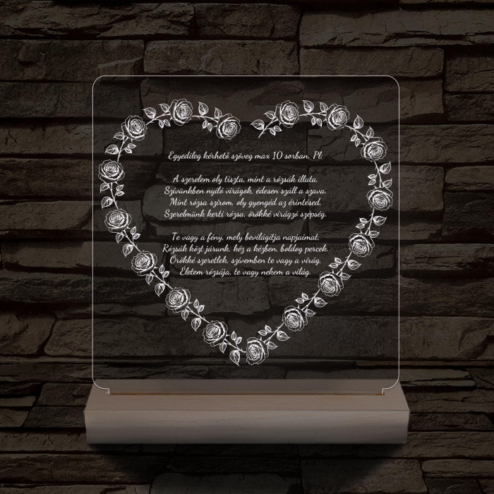 Szív alakú rózsás egyedi idézet fa talp 7 színű 3D led lámpa